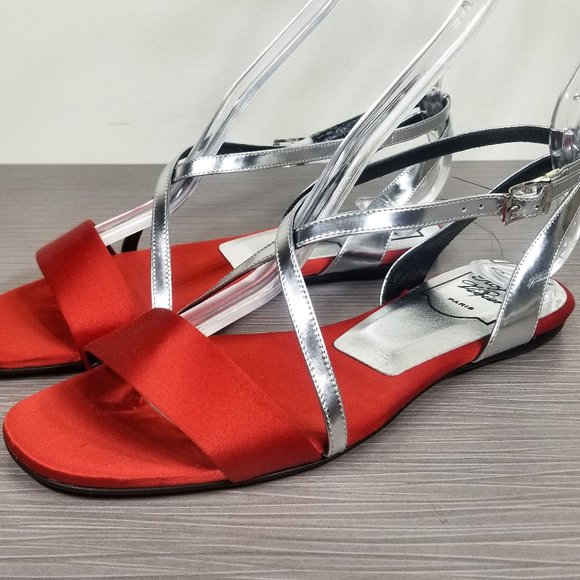 Roger Vivier Strappy Flat Sandals, Red Satin - Picture 1 of 11